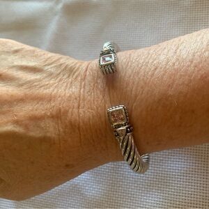 Silver Twisted Cable Open Bracelet with Pink Crystals